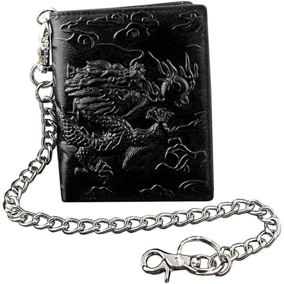 Balck Men Real Leather Vintage Dragon Wallet with Chain Card Holder Purse - Picture 6 of 6
